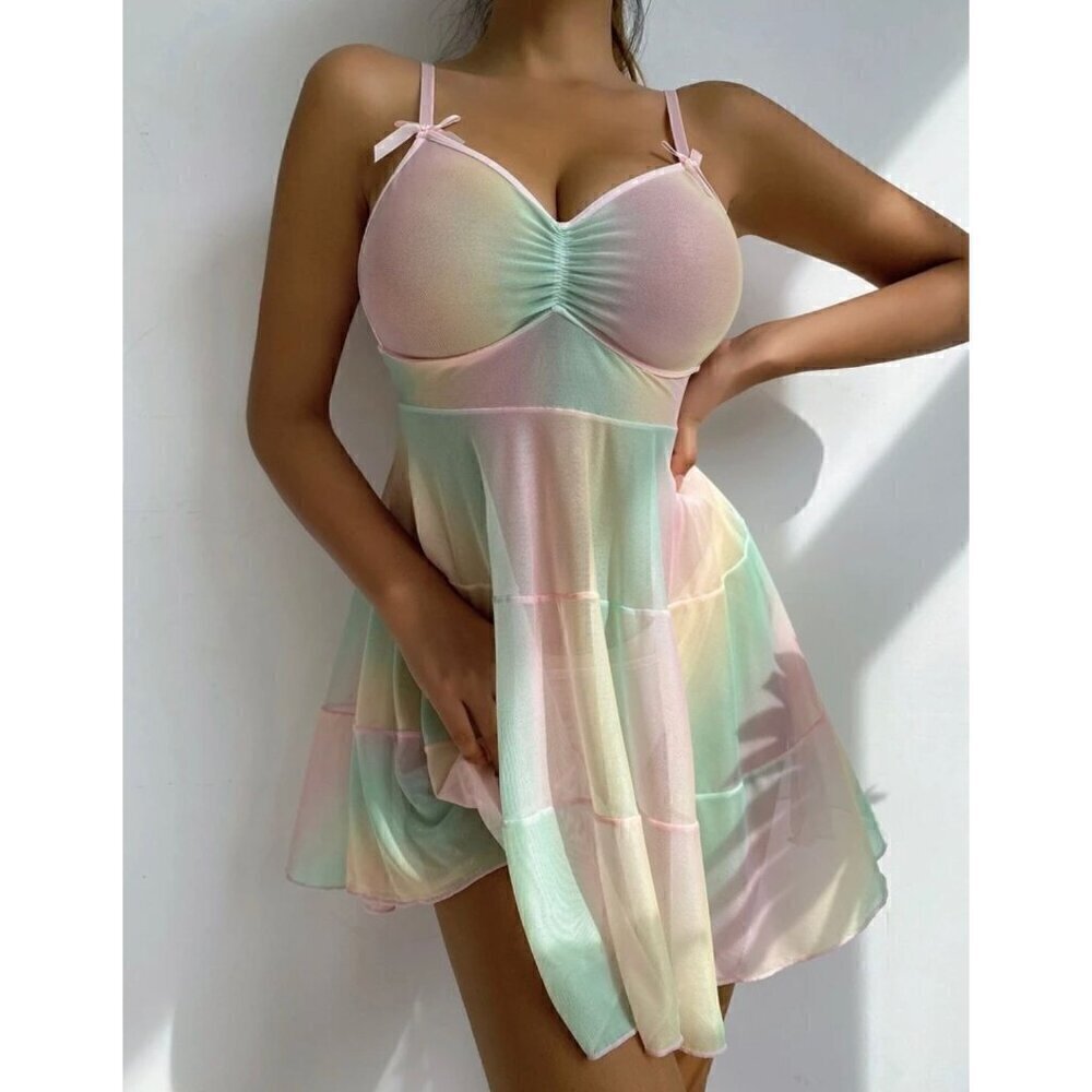 Ombre Sheer Mesh Bow Ruched Cut Out Slips & Thong